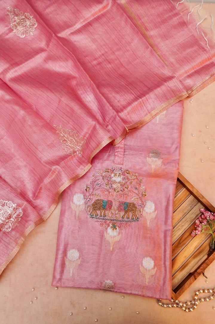 Unstitched Pink Pure Chanderi Tissue Suit Set with Zardozi work