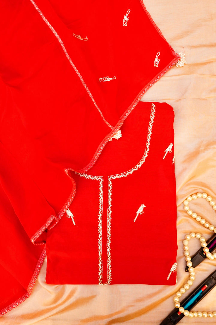 Bridal Red Pure Chanderi Silk Suit Set with Pearl Work Birds Motif