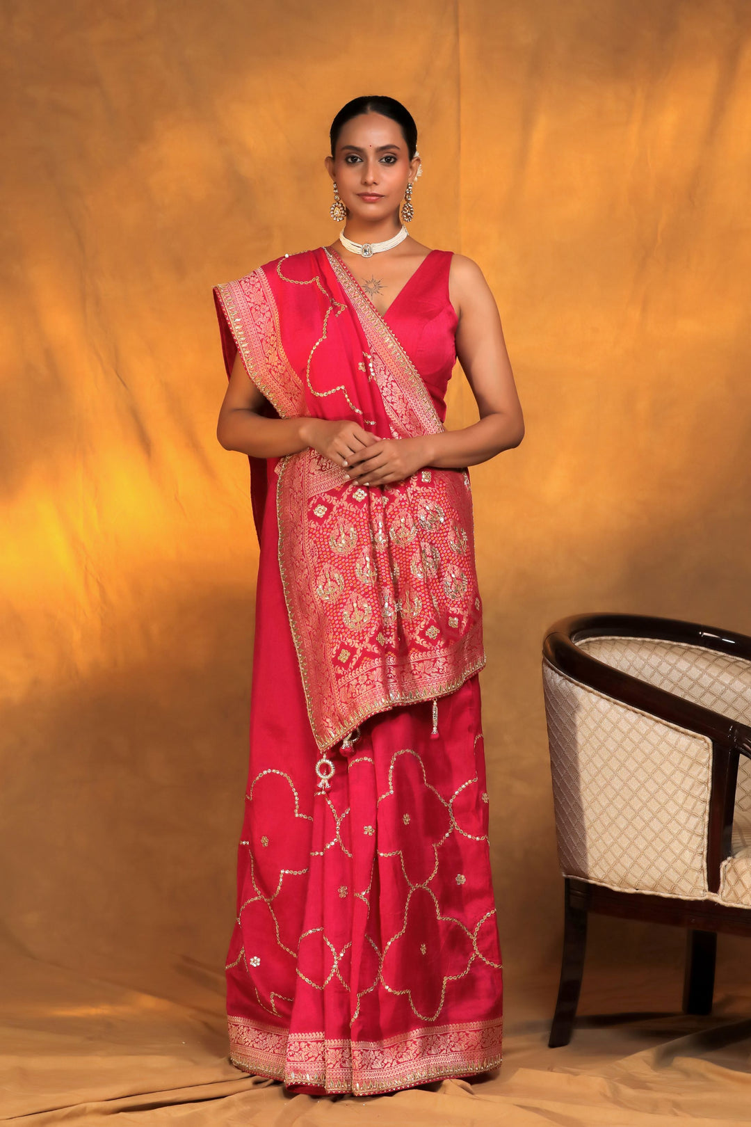 pink silk blend handwork gotta patti bridal saree front view