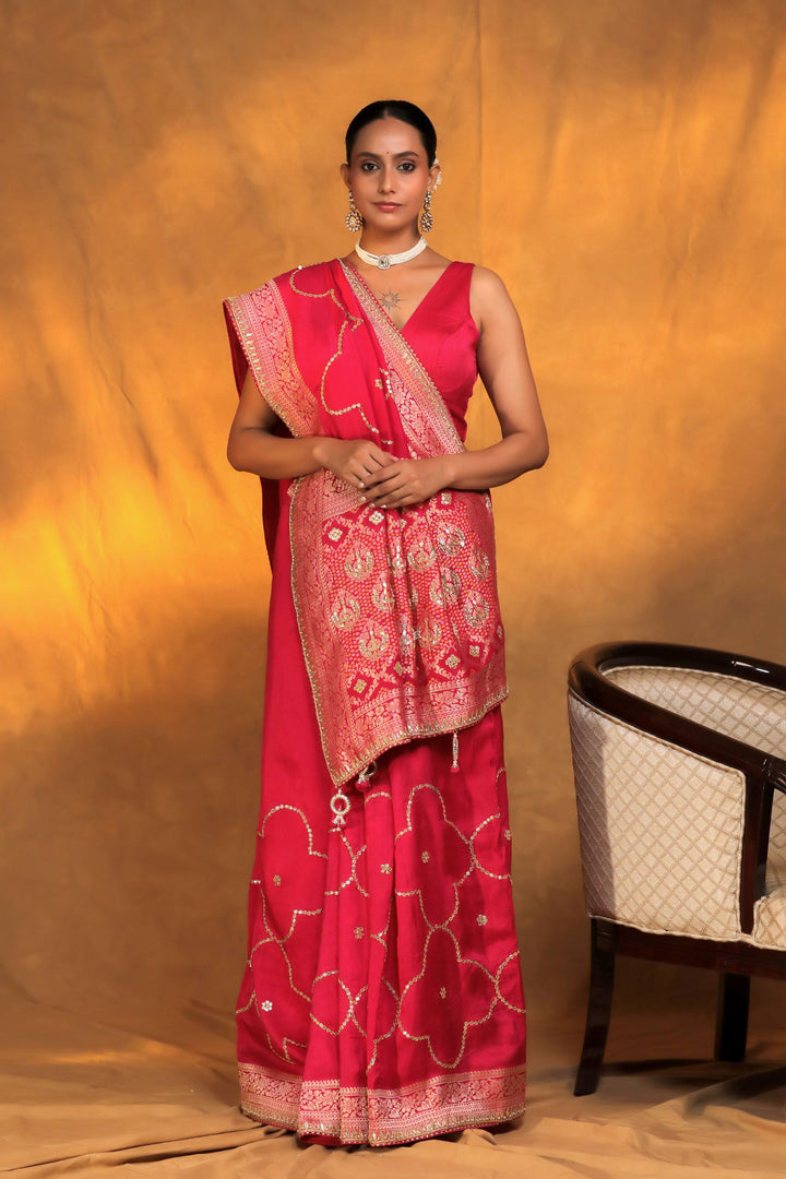 pink silk blend handwork gotta patti bridal saree front view