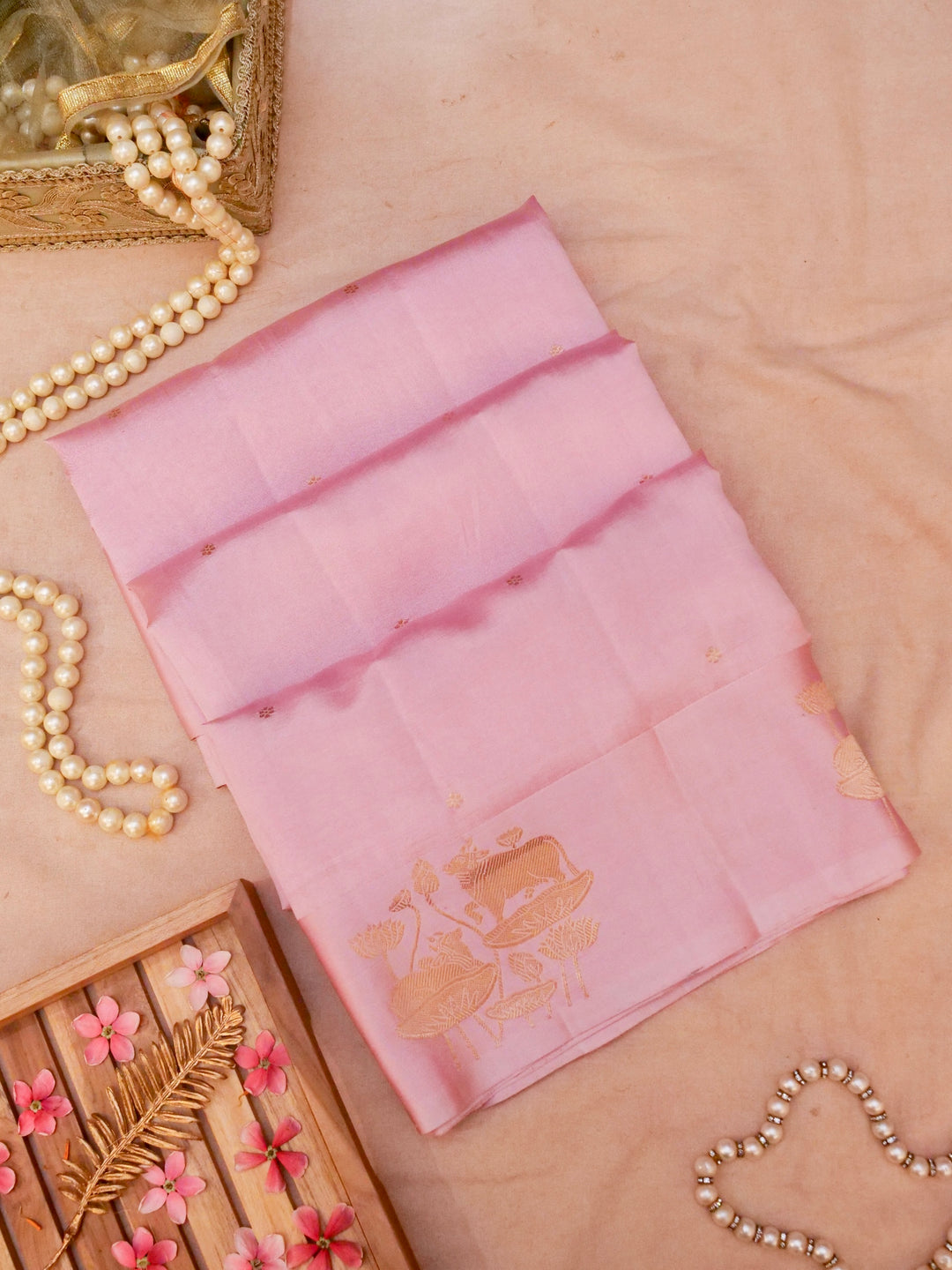 Handwoven Banarasi Pure Baby Pink Mashru Silk Saree with Zari Shikargah Weave View 1