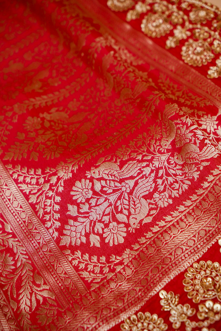 Bridal Red Brocade Silk Figure Motif Saree with Embroidery Border View 4