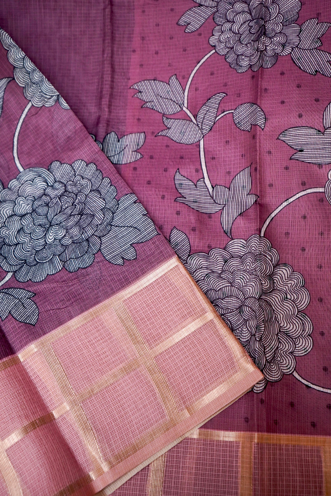 Mauve Pink Kota Check Saree with Printed Body and Zari Weave Check Border View 3