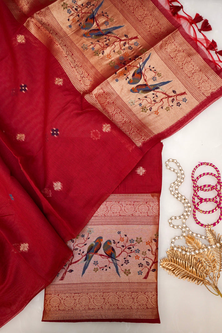 Regal Maroon Meenakari Birds Motif Cotton Silk Suit Set