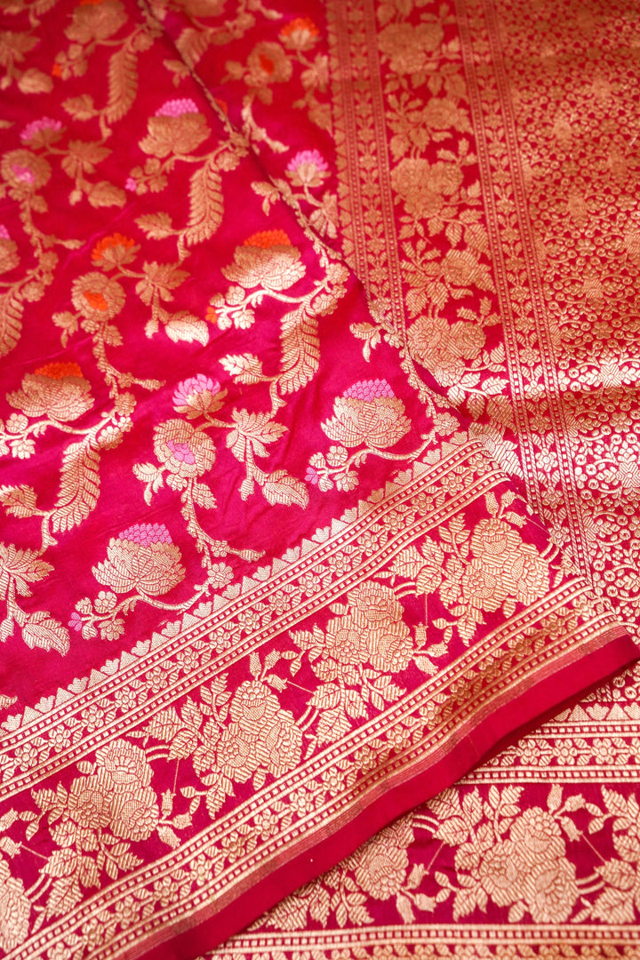 Pink Handloom Pure Katan Silk Meenakari Jangla Saree with Heavy Border & Pallu