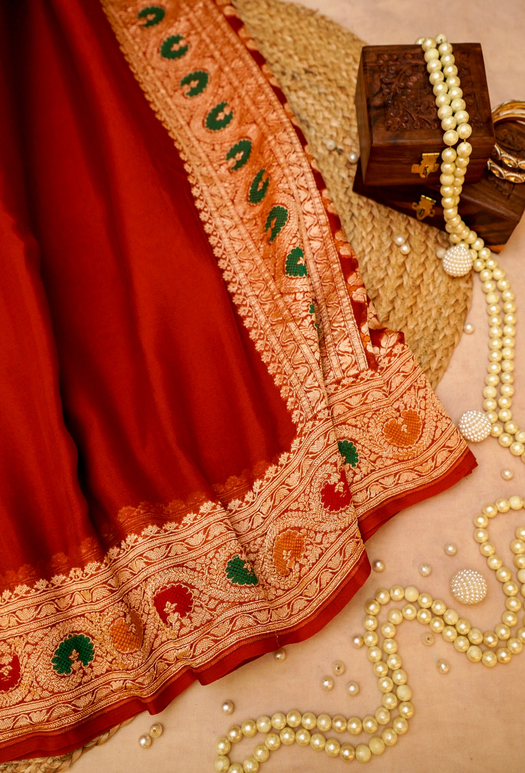 Red Banarasi Khaddi Chiffon Meenakari Border and Pallu Saree View 1