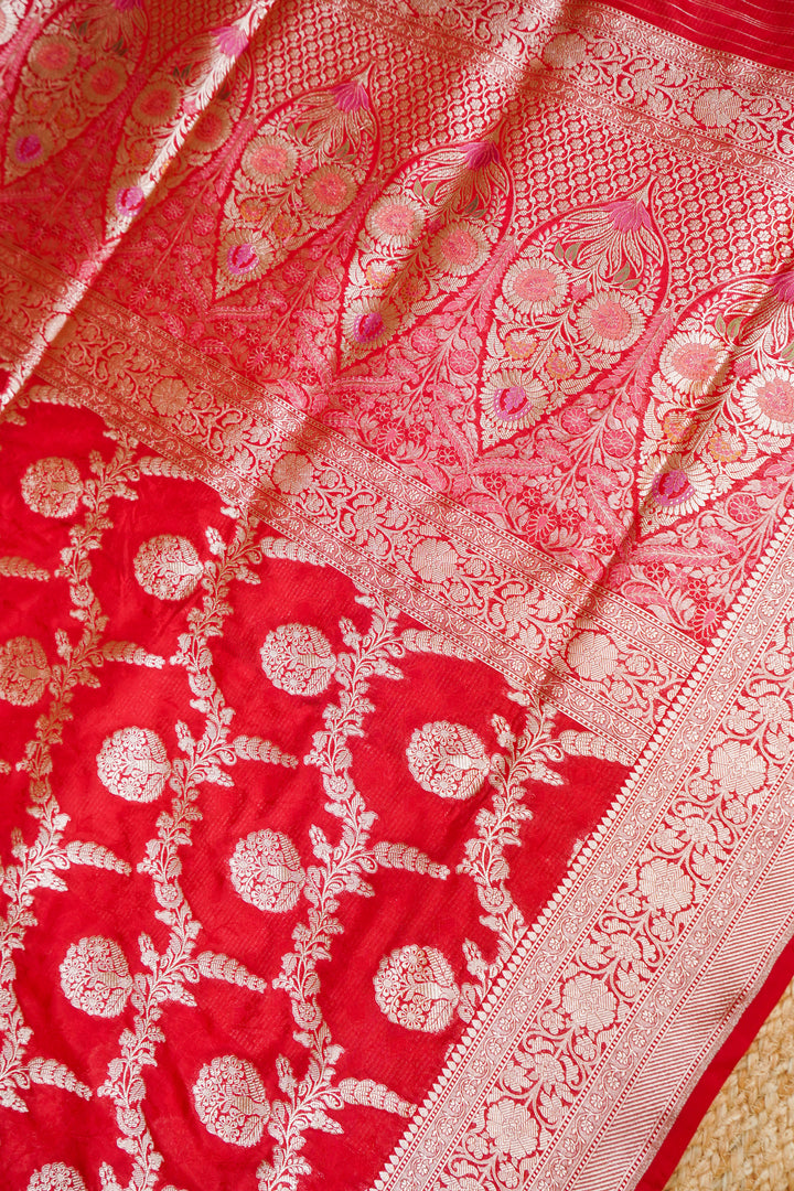 Red Bridal Banarasi Handloom Pure Katan Silk Jaal Saree with Meenakari Pallu