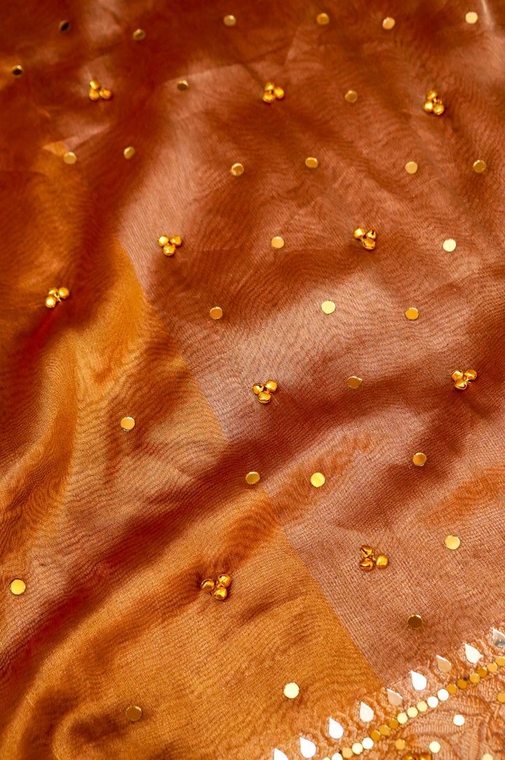 Copper Gold Viral Ghungru Saree with Mirror Work View 6
