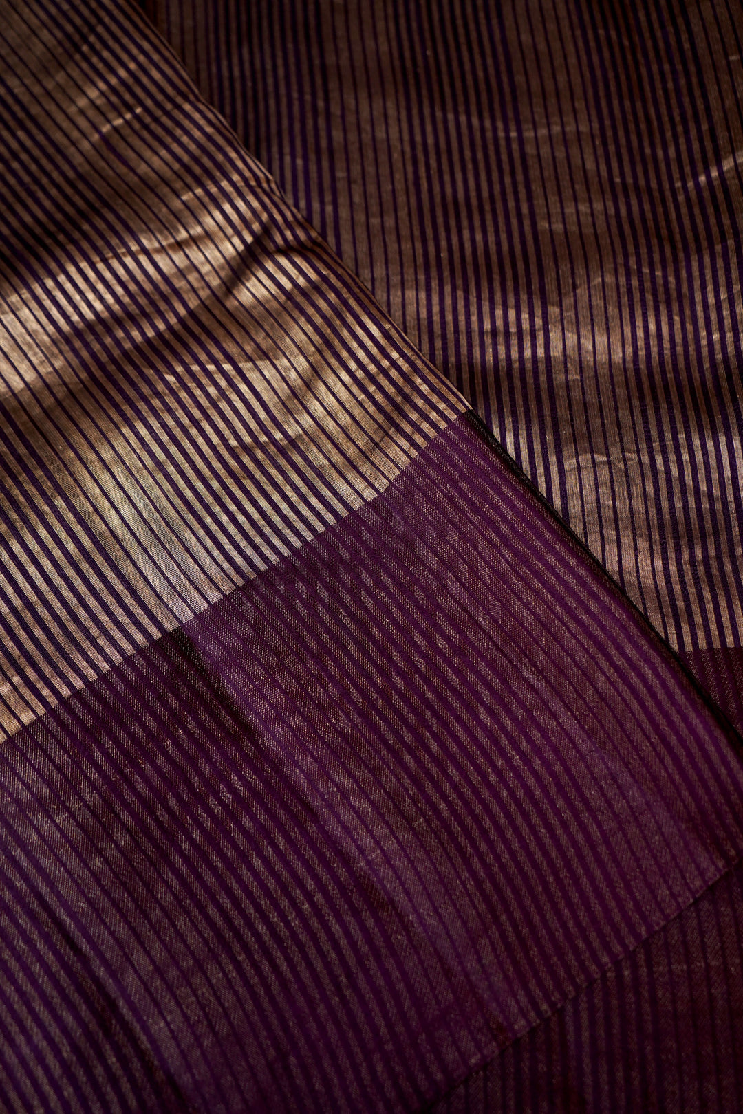 Regal Dark Purple Raw Silk Tissue Fusion Saree with Zari Stripe Weave &amp; Plain Border