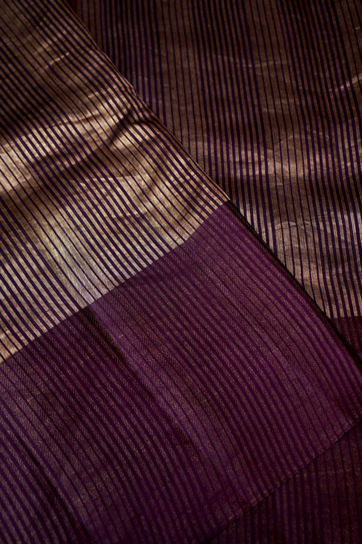 Regal Dark Purple Raw Silk Tissue Fusion Saree with Zari Stripe Weave &amp; Plain Border