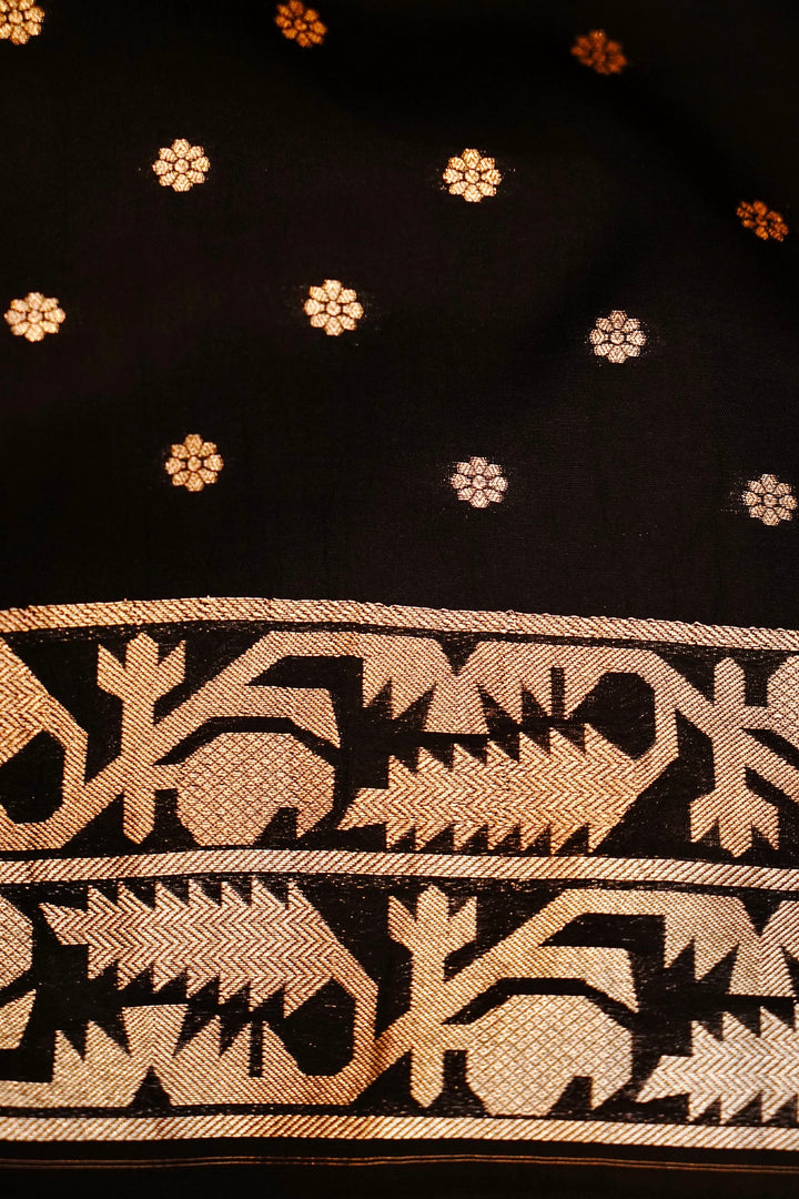 Opulent Black Nita Ambani Inspired Munga Crepe Birds Motif Cocktail Saree Collection