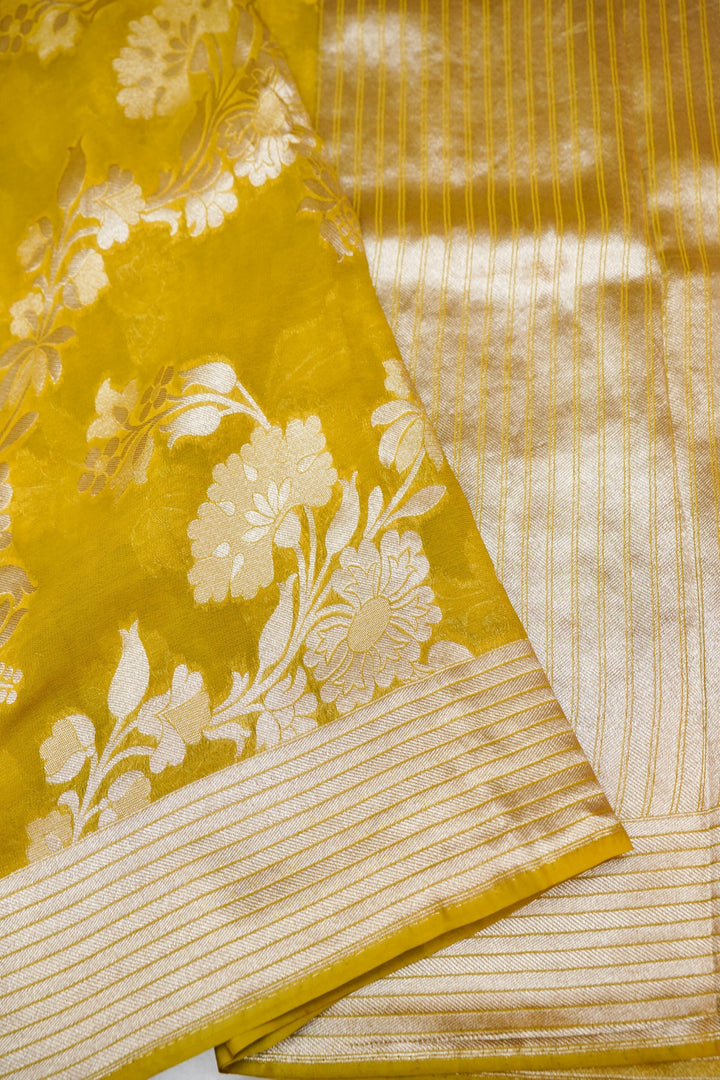 Mustard Pure Georgette Saree with Zari Weave Jangla Design
