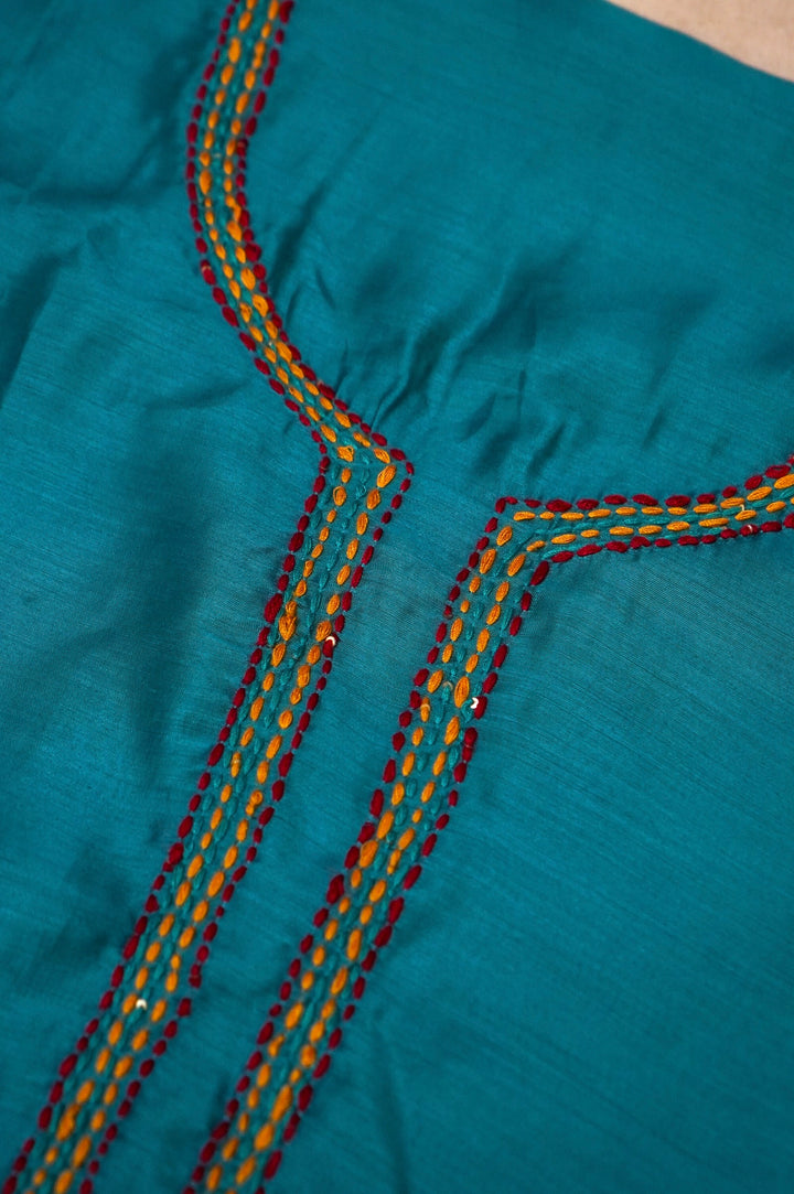 Peacock Green Crepe Silk Suit Set with Appliqué and Kantha Embroidery View 5