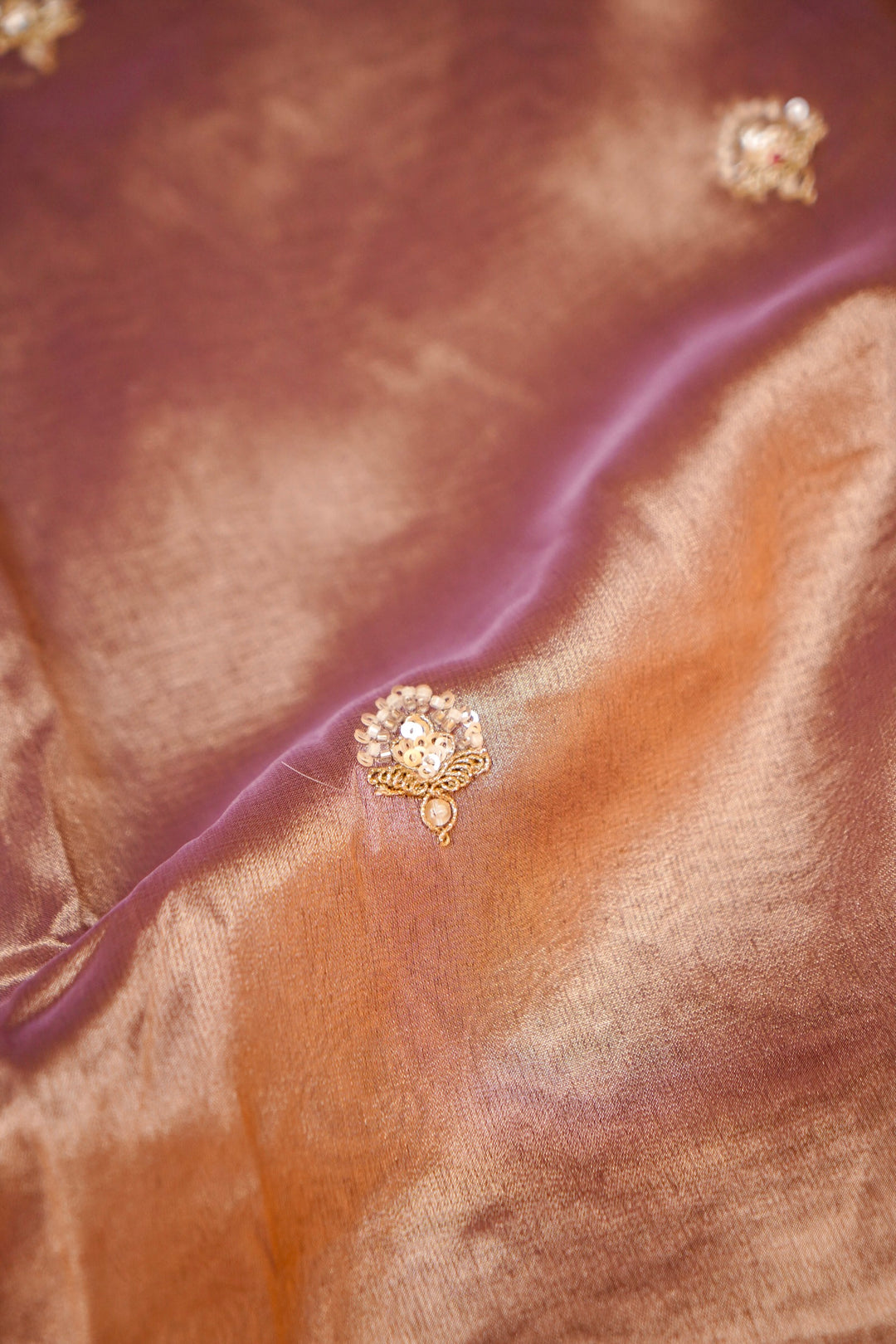 Lavender Gold Designer Tissue Silk Saree with Pearl and Kundan Embroidery View 5