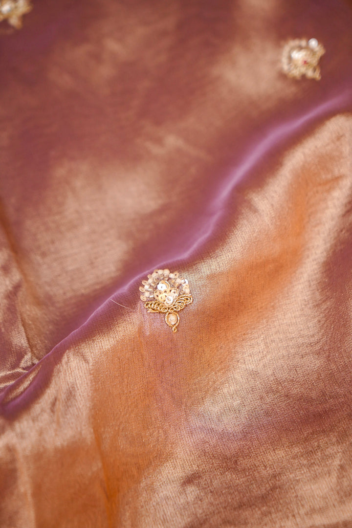 Lavender Gold Designer Tissue Silk Saree with Pearl and Kundan Embroidery View 5