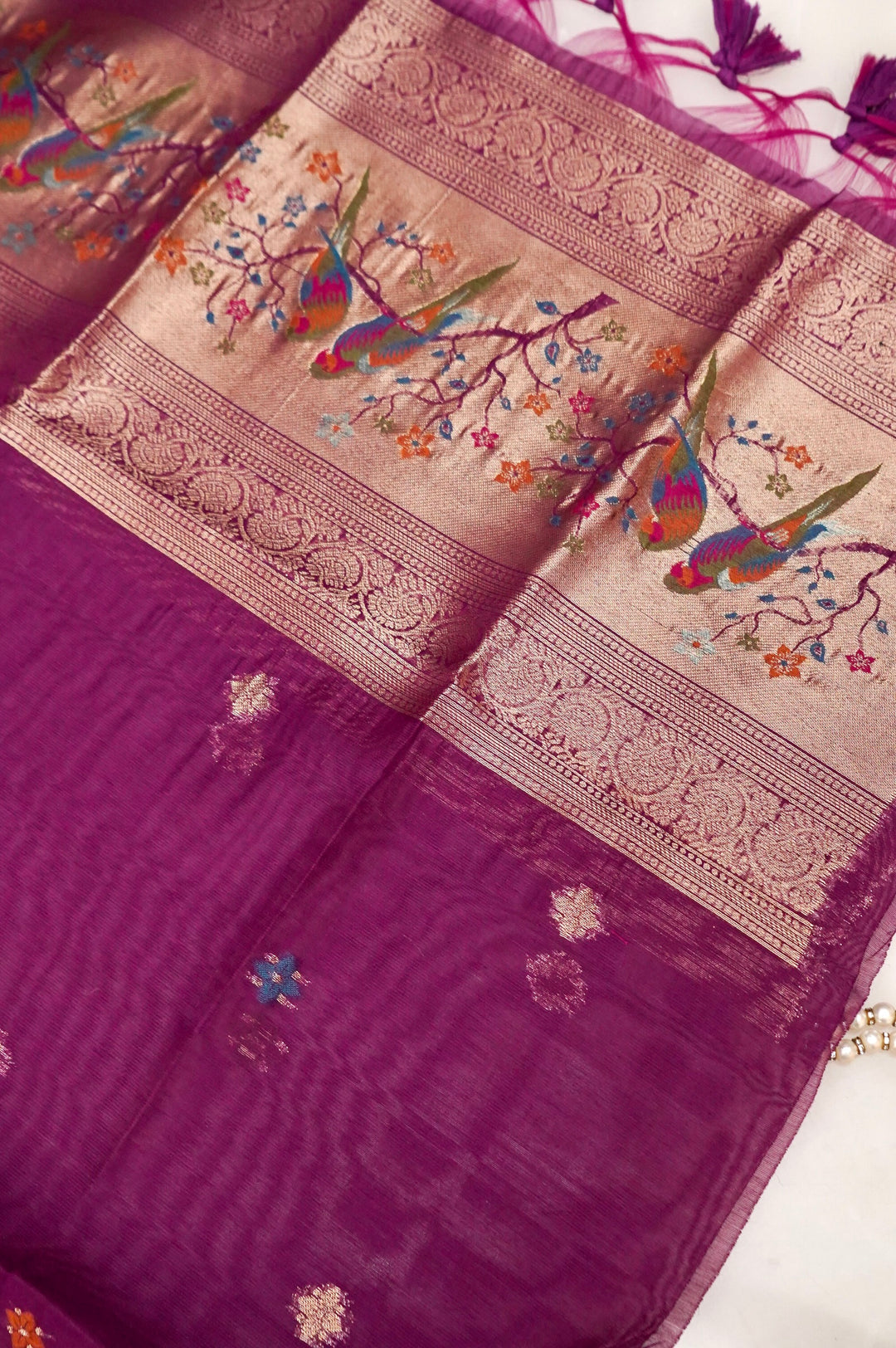Regal Purple Meenakari Bird Motif Cotton Silk Suit Set