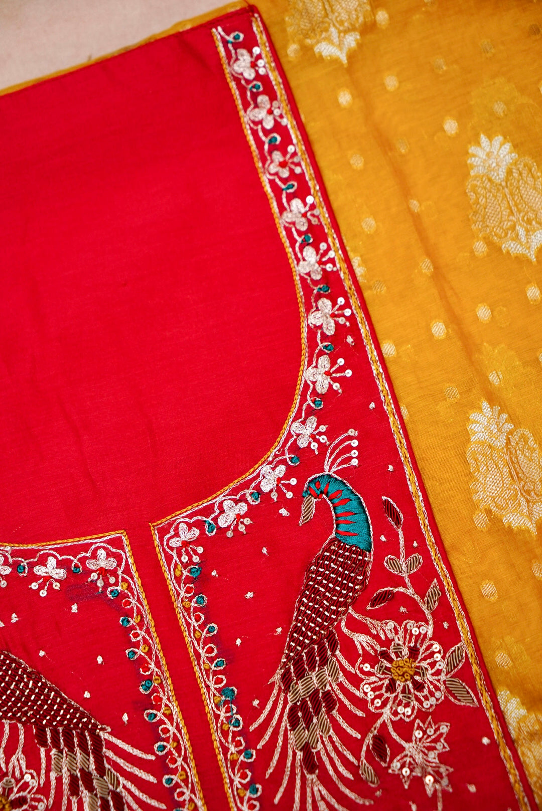 Pure Mul Silk Suit with Peacock Embroidered Neckline and Pitta Zari Dupatta