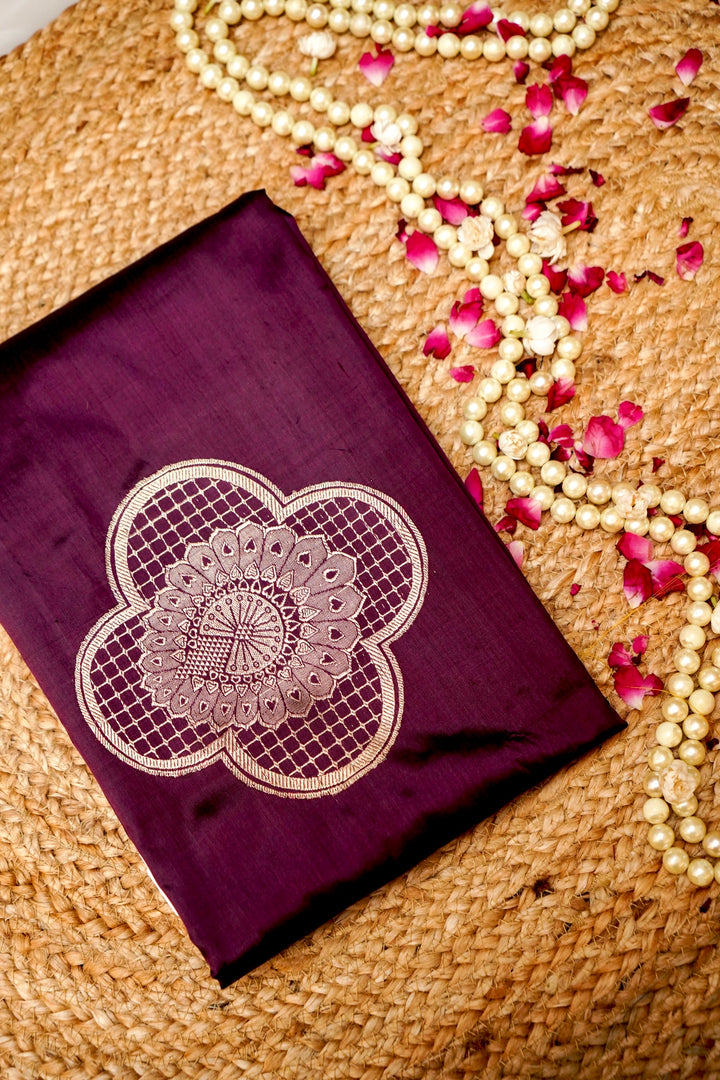 Dark Purple Pure Katan Silk Co-Ord Set with Gold Zari Floral Motif