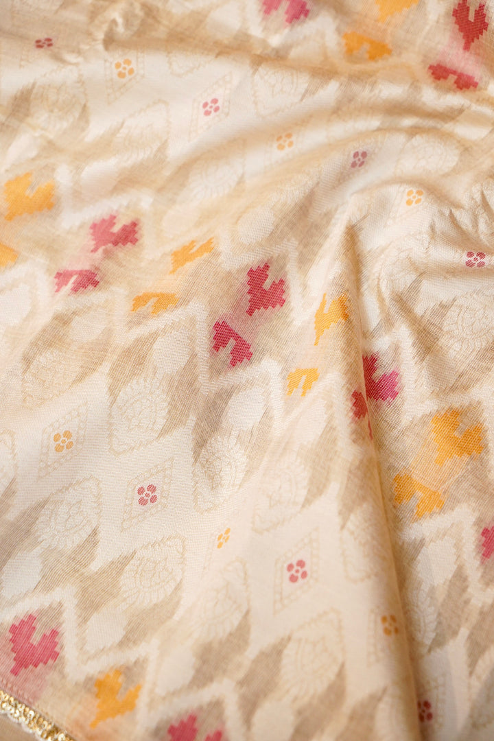 Off White Ikat Woven Unstitched Suit Set with Designer Dupatta