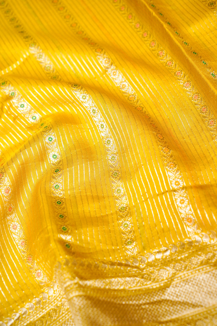Yellow Banarasi Soft Silk Meenakari Stripes Saree