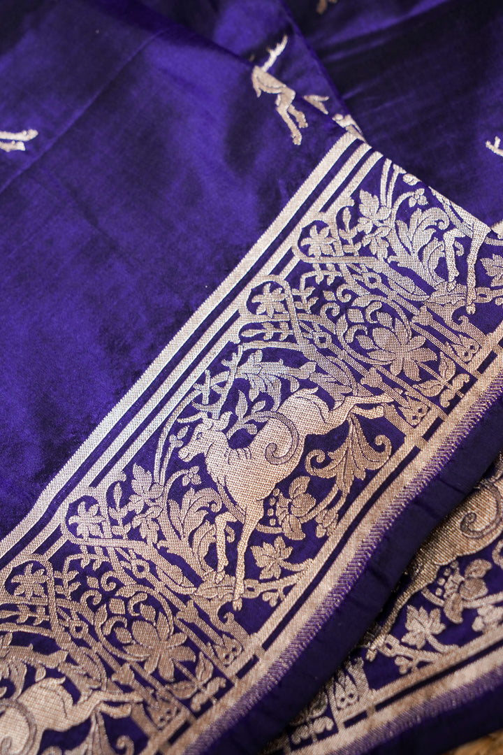Navy Blue Handwoven Banarasi Pure Katan Silk Deer Motif Saree