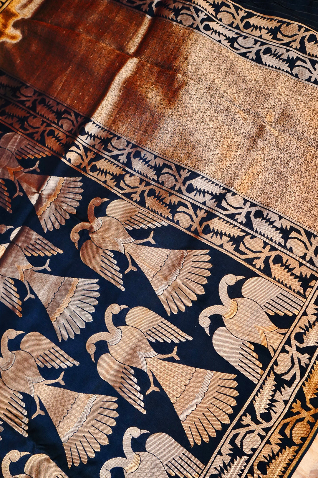 Majestic Navy Blue Nita Ambani Inspired Munga Crepe Birds Motif Saree