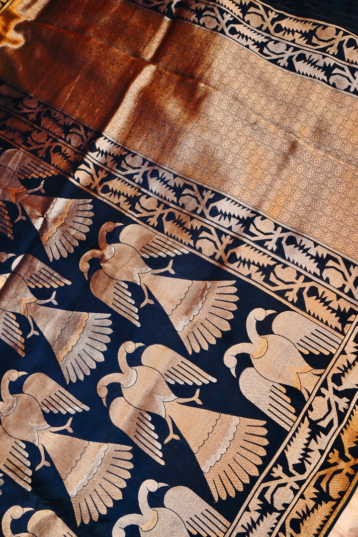 Majestic Navy Blue Nita Ambani Inspired Munga Crepe Birds Motif Saree