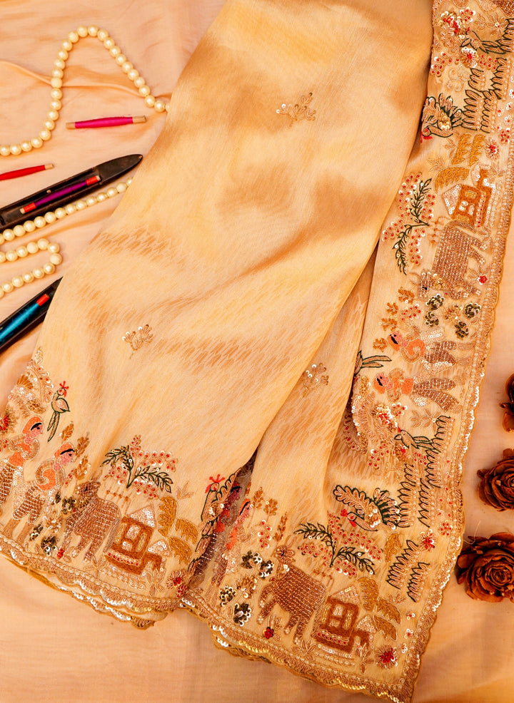 Golden Pure Katan Tissue Saree with Meenakari Zardozi Embroidery – A Royal Ensemble