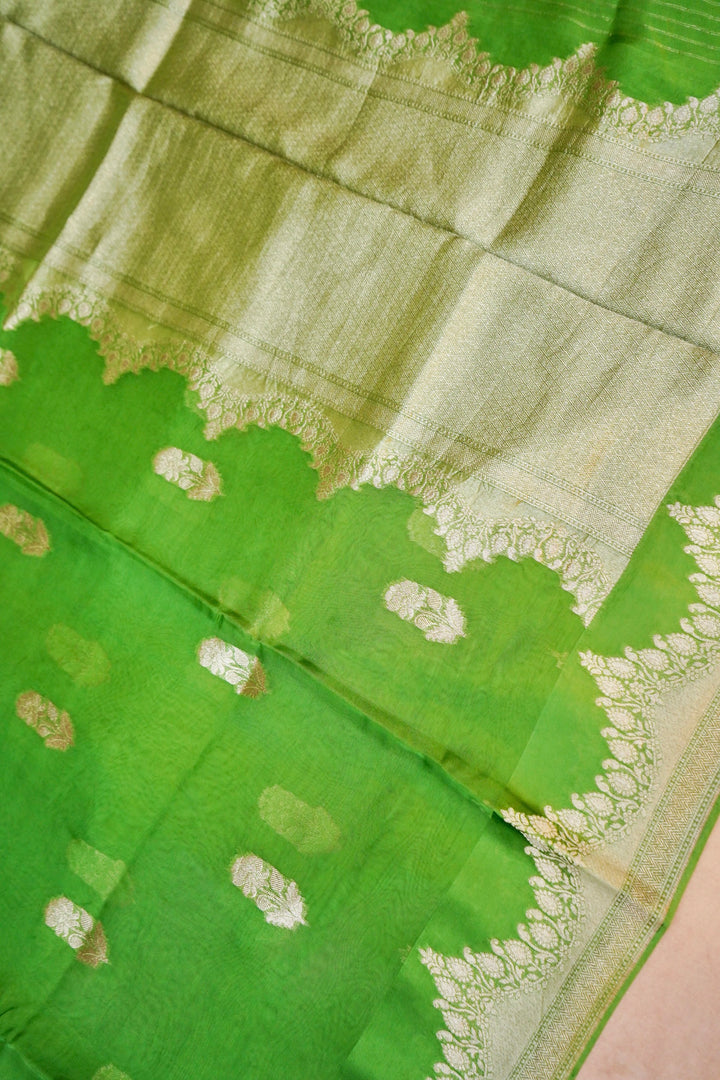 Light Green Banarasi Kora Silk Saree with Zari Woven Laheriya Border