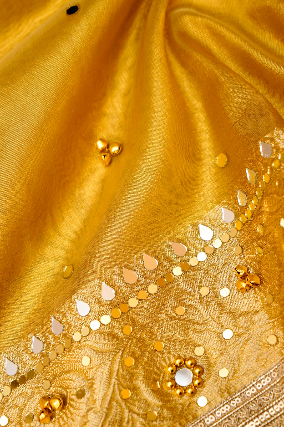 Golden Viral Ghungru Tissue Silk Saree with Mirror Work View 7