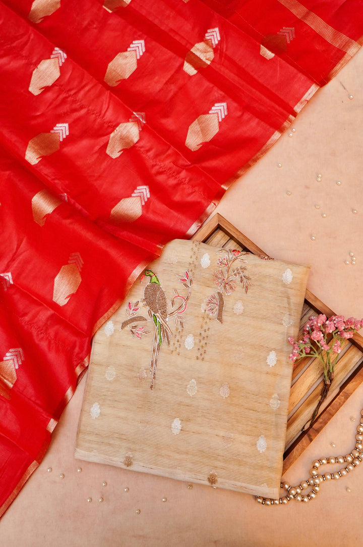 Beige Gold Pure Chanderi Silk Suit with Red Contrast Dupatta