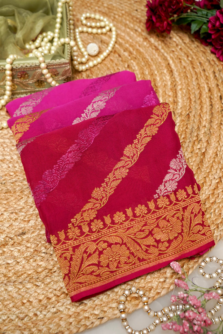 Handloom Pink Pure Banarasi Khaddi Georgette Saree with Ombre Dye &amp; Antique Zari Weaving