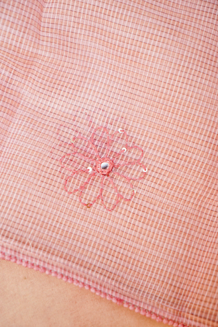 Pink Pure Chanderi Kota Fabric with Mirror & French Knot Thread Embroidery