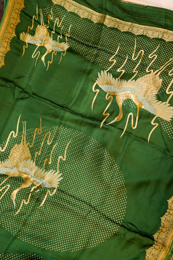Green Banarasi Satin Crepe Bandhej Weaving Saree with Birds Motif
