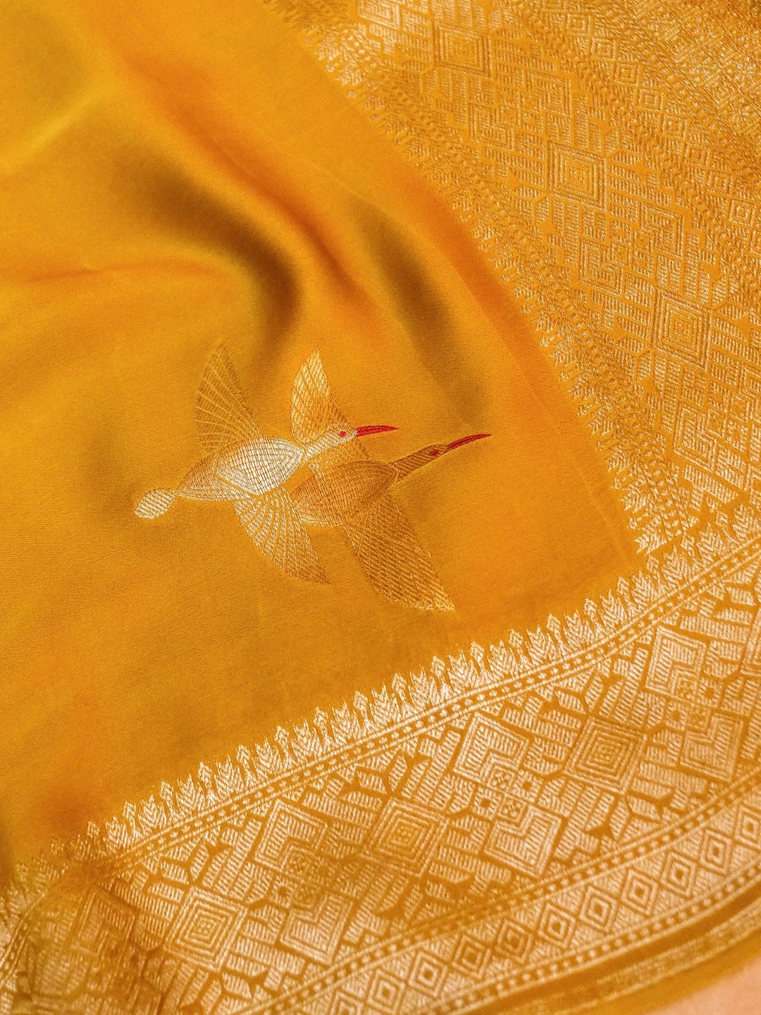 Banarasi Mustard Mashru Silk Saree with Zari Weave Bird Motif