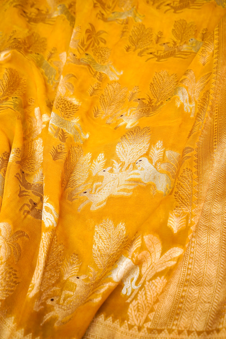 Yellow Pure Georgette Shikargah Saree for Haldi Wear