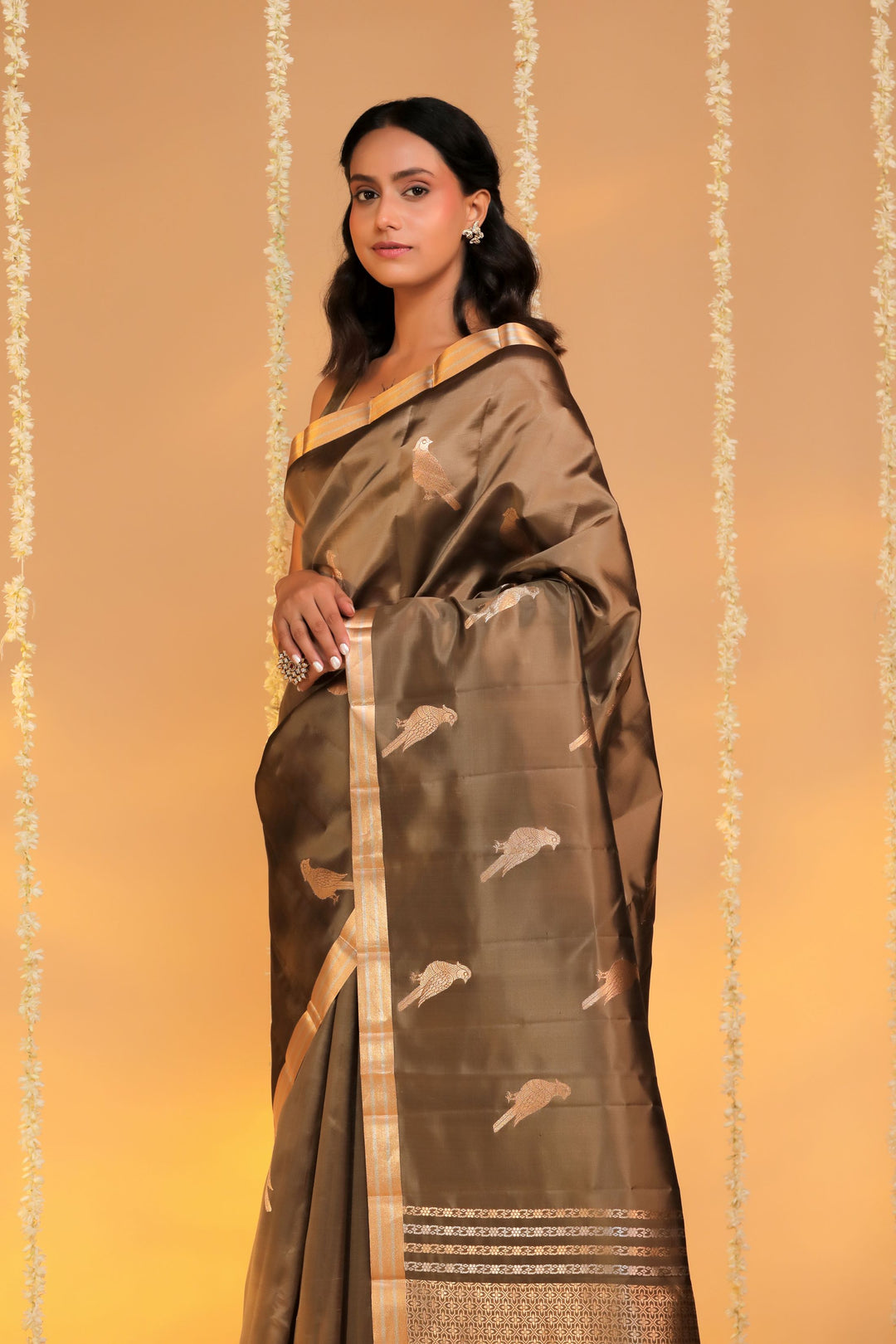 handwoven banarasi stone brown pure mashru silk birds saree closeup view 3