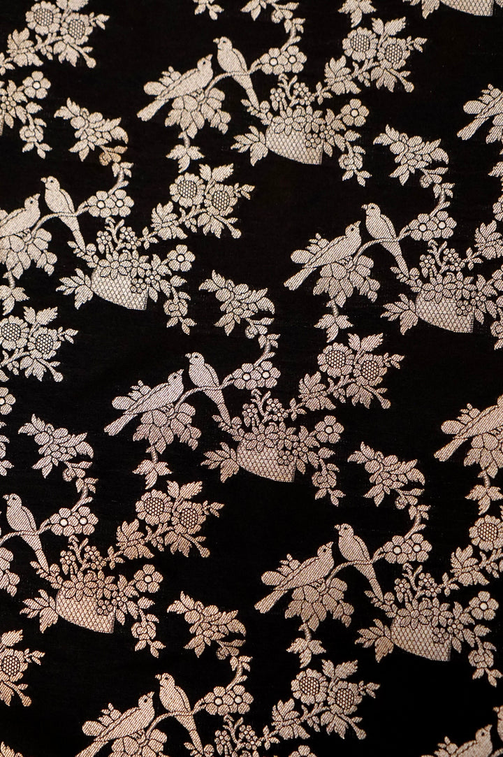 Black Banarasi Katan Silk Suit Set with Birds Motif Top and Bootidar Dupatta