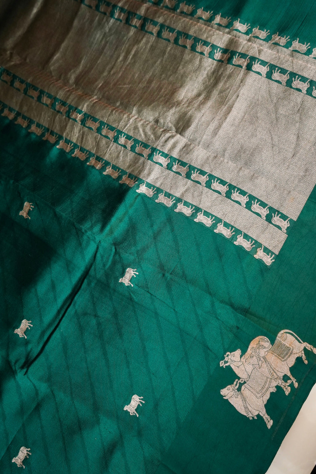 Dark Green Handwoven Banarasi Katan Silk Saree with Golden Zari Nandi Motifs
