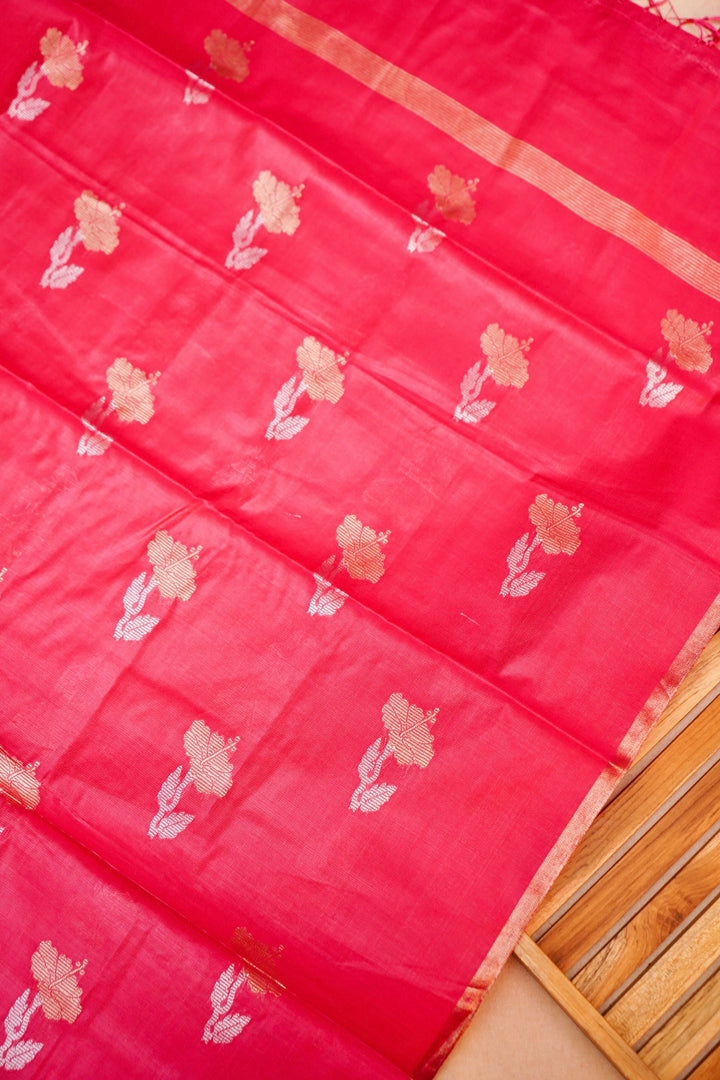 Unstitched Beige Gold Pure Chanderi Silk Suit with Pink Contrast Dupatta