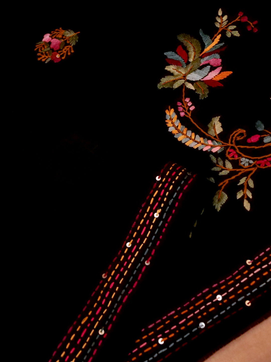 Black Ghicha Silk Saree with Hand Kantha Embroidery View 3
