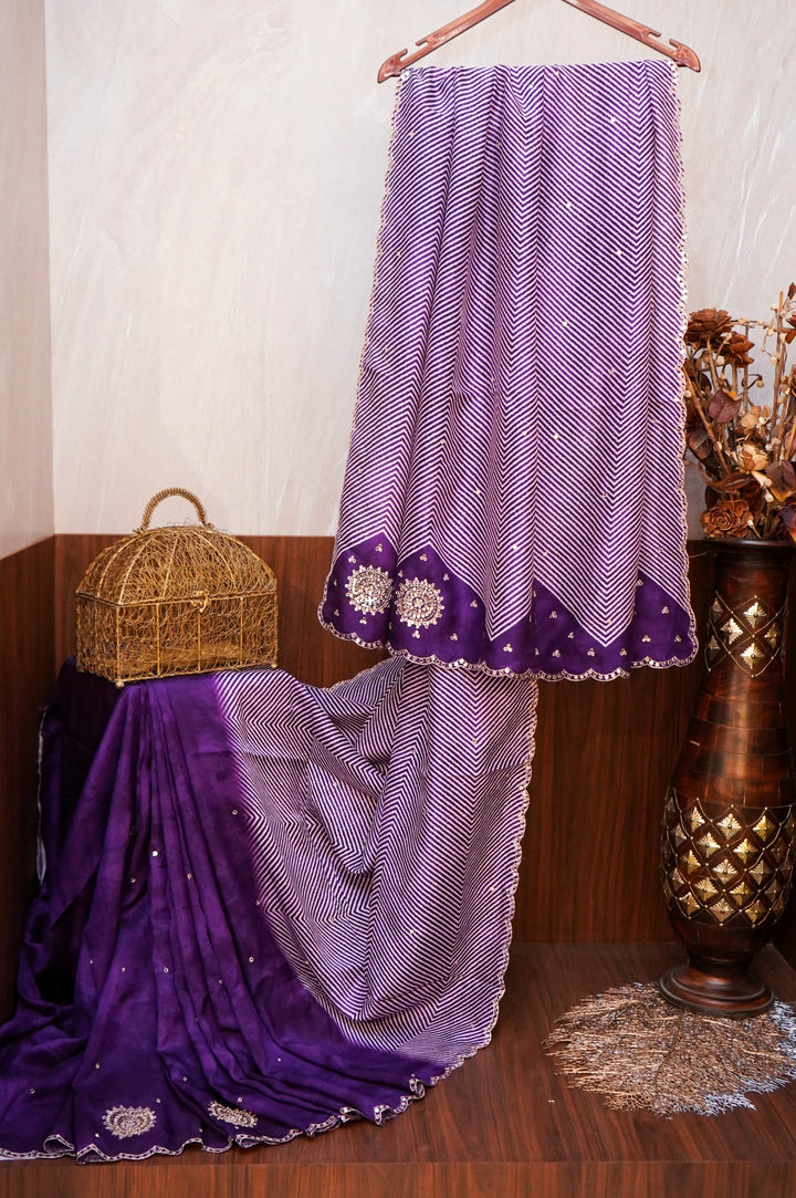 Purple Crepe Silk Saree with Geometric Design &amp; Mirror Work