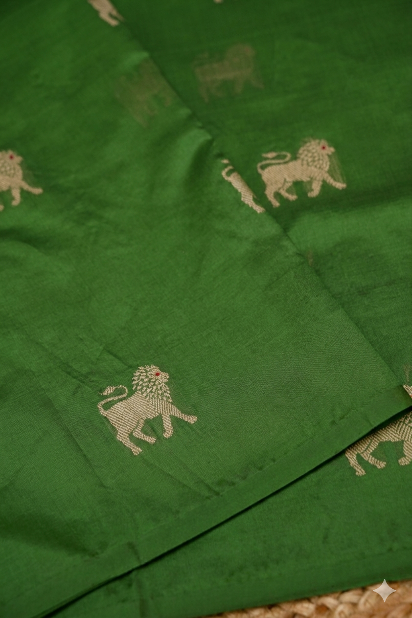 Fresh Grass Green Handwoven Banarasi Pure Puna Silk Saree with Zari Lion Motif