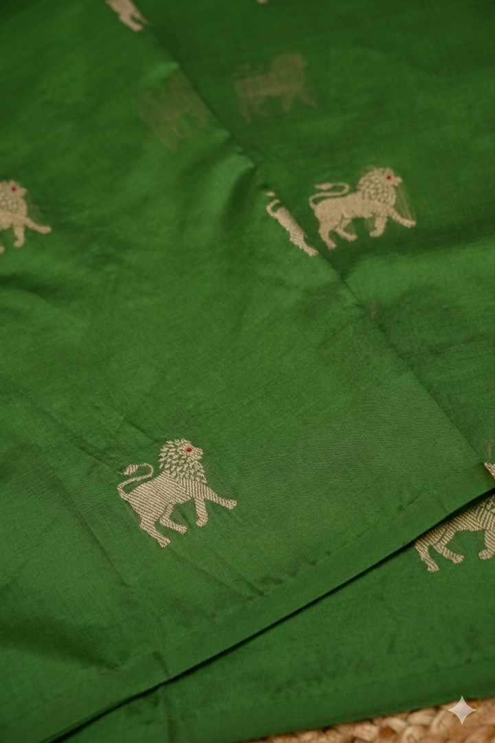 Fresh Grass Green Handwoven Banarasi Pure Puna Silk Saree with Zari Lion Motif