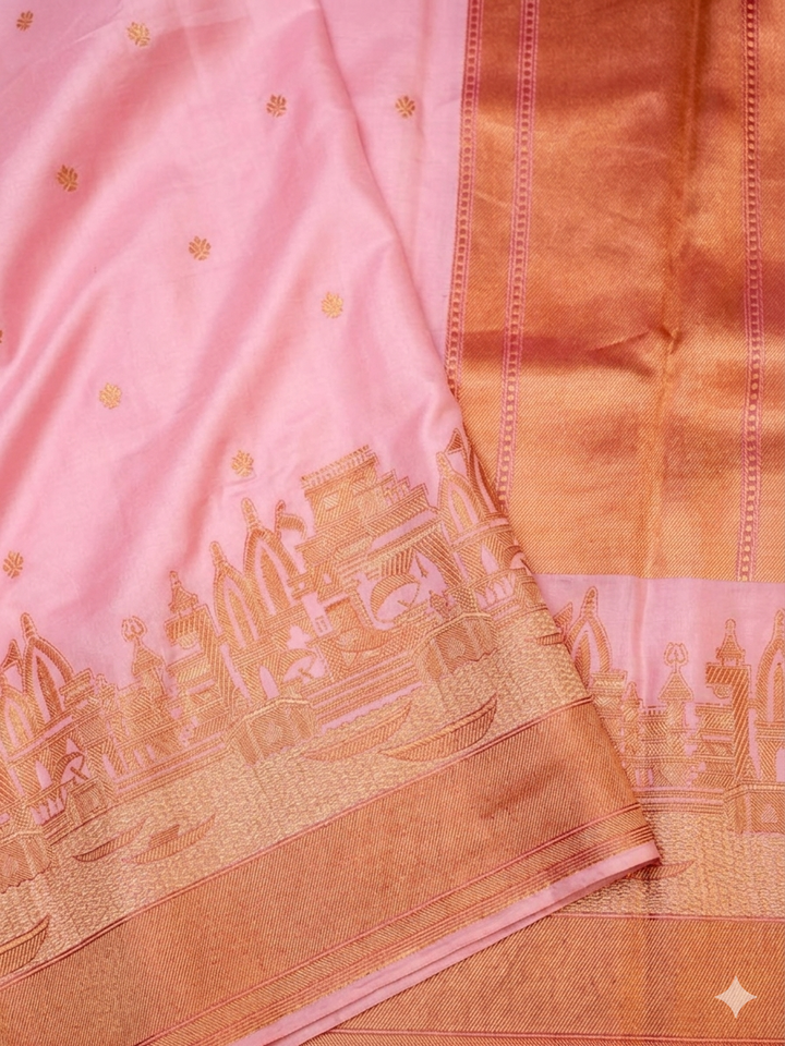 Baby Pink Banarasi Ghat Design Mashru Silk Saree