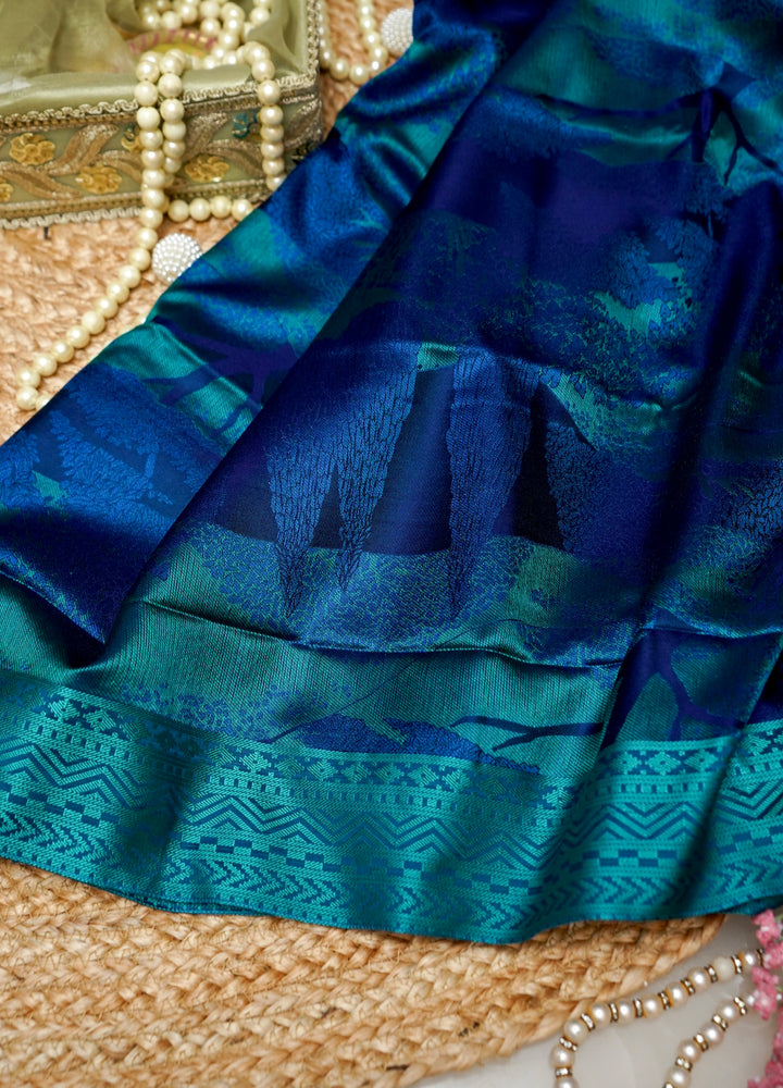 Teal Blue Handwoven Banarasi Tanchoi Silk Saree with Resham Work
