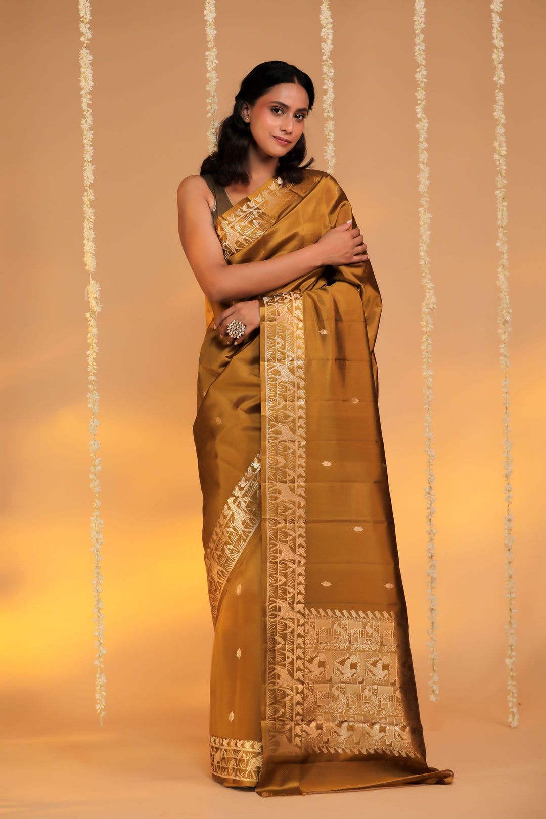 handloom banarasi pure mashru silk mustard shikargah saree front view 2