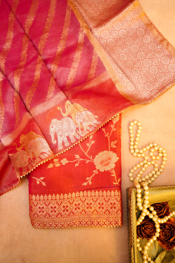 Pink Banarasi Tissue Silk Saree with Meenakari Jangla Top and Elephant Motif Dupatta