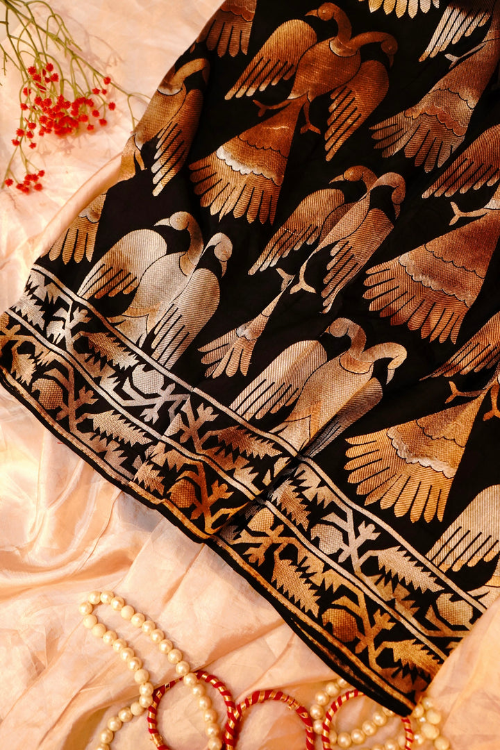 Opulent Black Nita Ambani Inspired Munga Crepe Birds Motif Cocktail Saree Collection