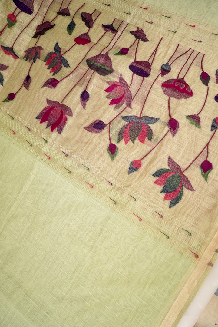 Elegant Pastel Green Cotton Silk Saree with Zari Stripe Weave Paithani Pallu View 2